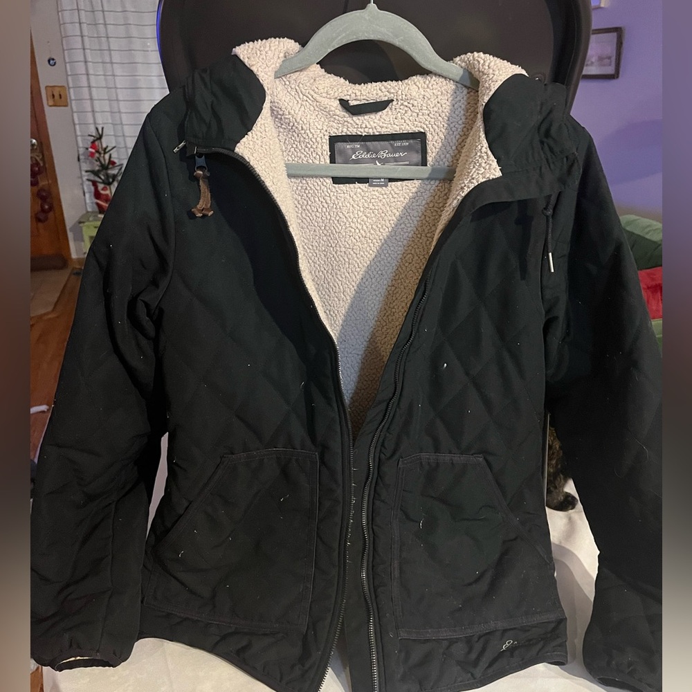 Eddie Bauer Black Sherpa Lined Cozy Quilted Jacket